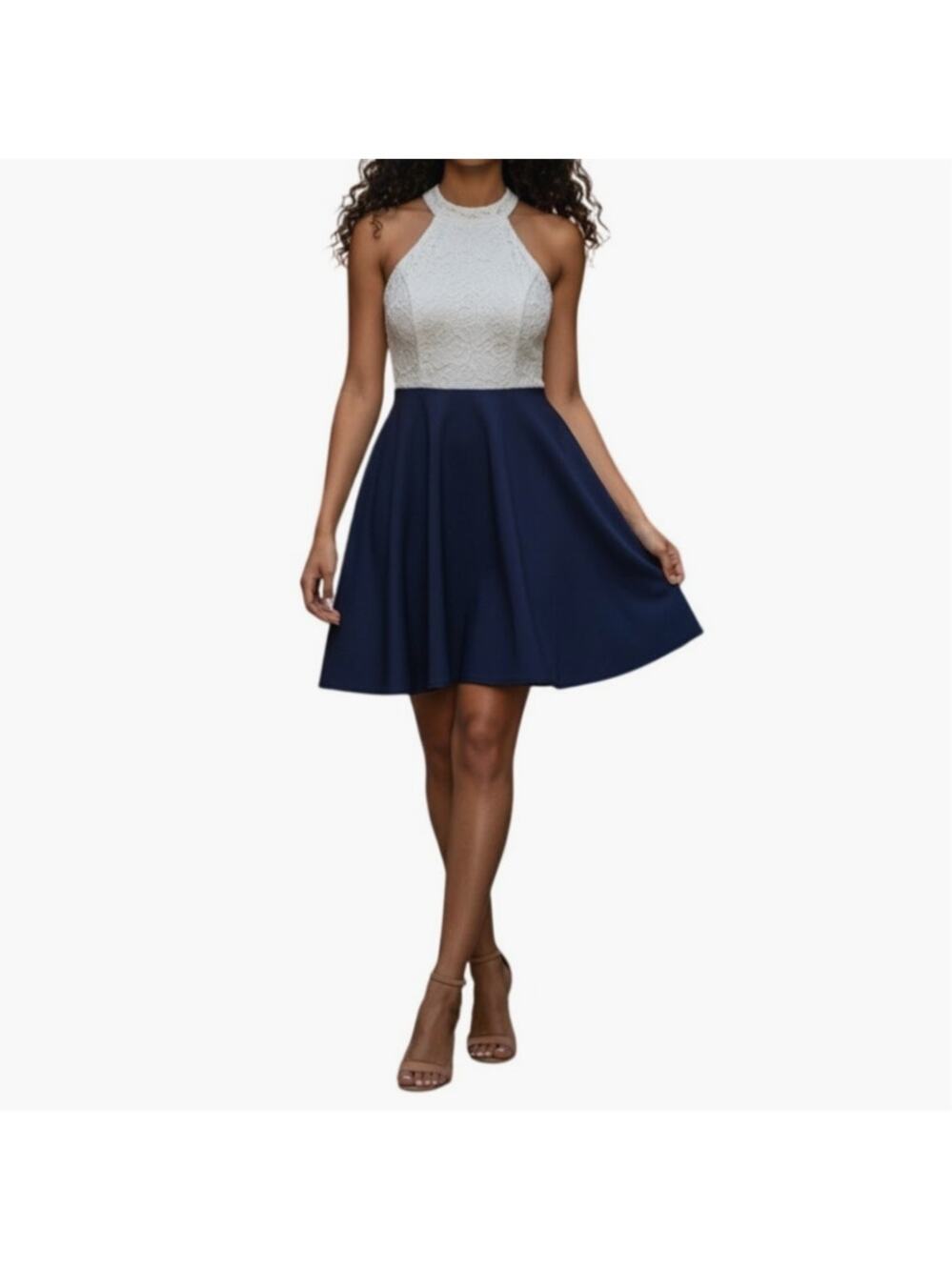 B.Darlin Women's 1/2 Fit & Flare White Lace Bodice Navy Blue Sleeveless Dress